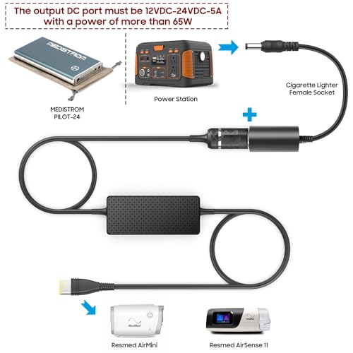 KFD 12V-24V DC Adapter for Resmed AirSense 11 DC Converter AirSense 11/AirCurve 11 CPAP Machine Car Charger Power Supply Cord 5.5mm Cigarette Lighter Cable Kit for Medistrom Pilot-24 Lite CPAP Battery - Thumbnail 2