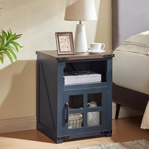 Farmhouse Nightstand with Charging Station, Rustic End Table with Tempered Glass Barn Door, Wood Sofa Side Bedside Table with Open Storage Shelf for Living Room, Bedroom, Navy Blue 1 Navy Bl