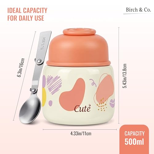 Image of Birch & Co. Baby Feeding Bowl and Spoon Set, Stainless Steel Food Bowls - 320ml, 304 Stainless Steel Baby Food Container with Double Wall Vacuum Insulation, BPA-Free Leak-Proof for School & Travel,Peach