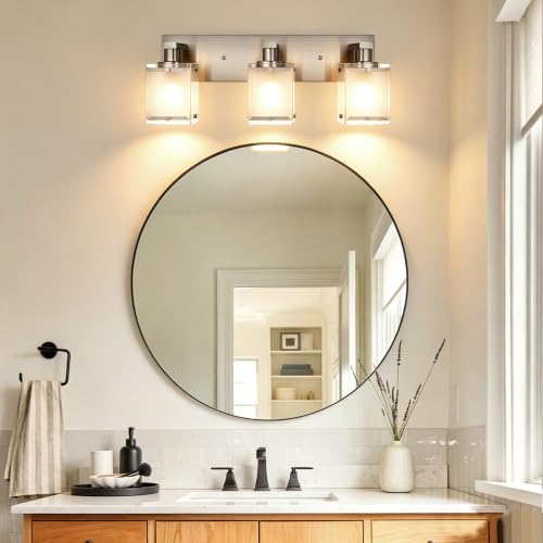 Image of 3-Lights Bathroom Vanity Light Fixtures, Modern Brushed Nickel Vanity Lights with Rectangular Frosted Glass Shade, Wall Sconce Lighting for Living Room Bedroom Kitchen, E26 Bulb Base