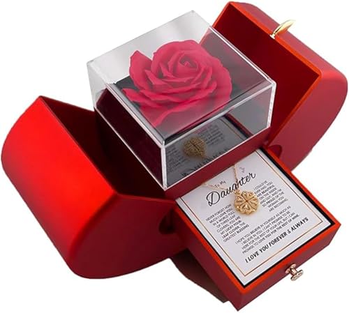 Daughter’s Lucky Clover Necklace Keepsake Gift Set, S925 Sterling Silver Necklace Eternal Flowers for My Daughter Birthday Gifts