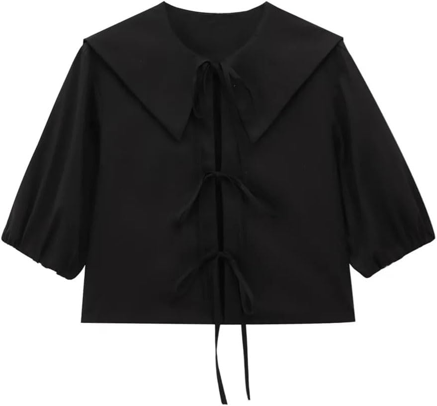 Women's Plaid Puff Sleeve Lace-Up Blouse