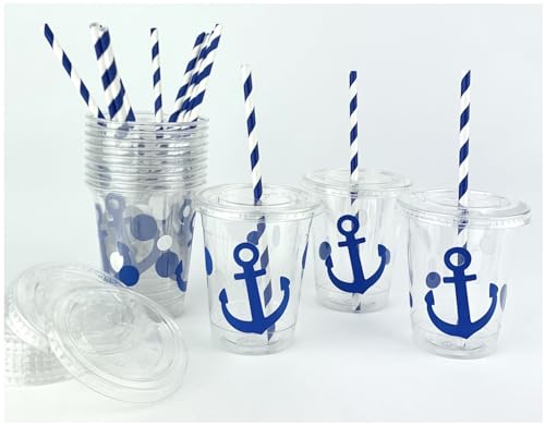 Blue Anchor Cups, Nautical Party Supplies, Plastic Disposable Cups, Slot Lids, Paper Straws, Set of 12
