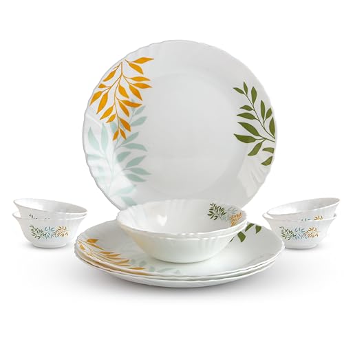 Image of Cello Imperial Series Opalware Dinner Set 10 Pcs |Lush Foliage | Opal Glass, Lightweight & Chip-Resistant | Microwave Safe, Dishwasher Safe | Scratch-Resistant Dinnerware | White