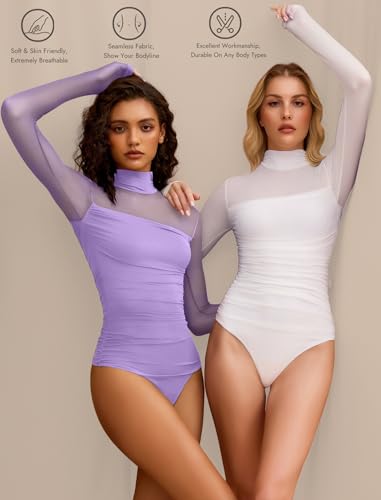 Image of Avidlove Women Long Sleeve Bodysuit Turtle Neck Shapewear Body Suits Mesh One Piece Leotard Shirt Going Out Tops Fall Outfits