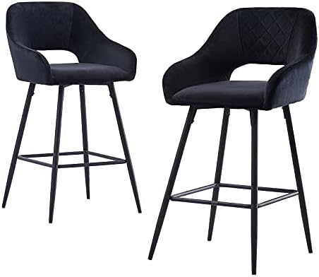 JaHECOME Bar Stools Set of 2 Black Velvet Padded Bar Chairs with Footrest Armrest Kitchen High Stools Supported Black Metal Legs for Breakfast Bar, Counter, Kitchen and Home