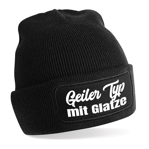 Herzbotschaft Beanie Strickmütze mit Spruch | Geiler Typ mit Glatze | schwarz | Unisex SoftTouch angenehm weiche und warme Wintermütze | OneSize Einheitsgröße für Erwachsene