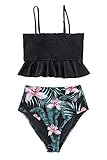 ÜBER MICH: Zweiteiliger Bikini, Verstellbare Spaghettiträger, Gesmokte Details, Rüschen am Saum, High Waist Bikinihose mit Tropischem Blumenprint, Hoher Beinschnitt.