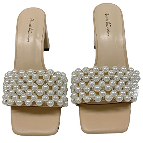 Women's Pearl Slip On Square Toe Mid Low Heel Sexy Wedding Dress Sandal Shoes
