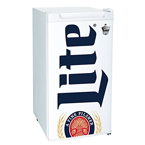Miller Lite 3.2 Cu Ft (90L) Refrigerator White Compact Fridge Bottle Opener Space Saving Flat Back Design Reversible Door Adjustable Temperature Control Tempered Glass Shelves Office Home Bar Games Rv #TOP1