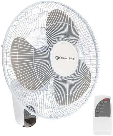 Comfort Zone CZ16WR-EC 16-inch Quiet 3-Speed Wall Mount Fan with Remote Control, Timer and Adjustable Tilt, White