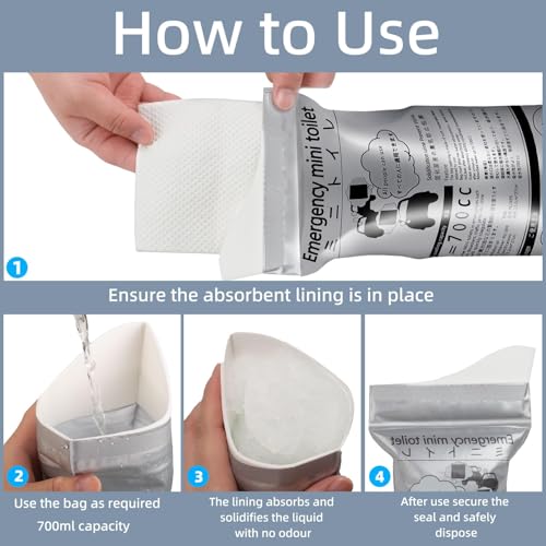 Image of 700ml Disposable Travel Toilet - No-Spill with Solidifier Gel for Cars Trucks & RVs - Unisex Leak-Proof Emergency Relief Bag for Adults & Children - 12-Pack