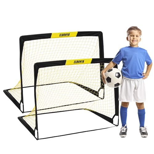 ELDONYA 2-Pack Durable 4'x3' Portable Kids Soccer Goals – Easy Setup, Waterproof Pop-Up Design for Backyard, Indoor & Outdoor Play – Youth Training Set with Carrying Case