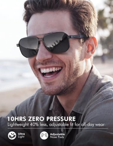 Image of Luenx Aviator Polarized Sunglasses for Men: Square UV400 Driving | Big Head Fit,Adjustable Nose Pads,Lightweight,Anti-slip,Impact-resistant,Scratch-Resistant,Glare Reduction,Gift-Ready Set