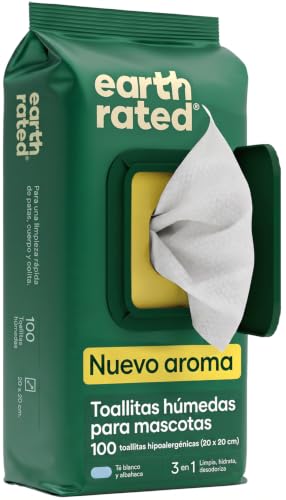 Earth Rated Toallitas 3 en 1 Té Blanco Albahaca, Perros y Gatos, 100 uds