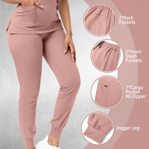 YEZEX Scrubs for Women Set, Women's V-Neck Top & Jogger Scrub Pants, Nursing Uniform Scrubs Set with 8 Pockets, for Nurse Esthetician Workwear (Pink) — view 5
