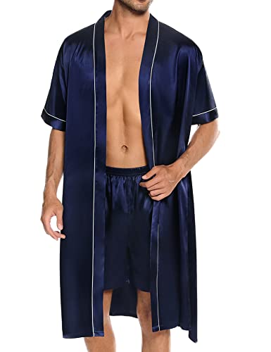 Swomog Men Satin Robe With Shorts Two-Piece Luxurious Kimono Soft Nightgown Short-Sleeve Pajamas Bathrobes #TOP2
