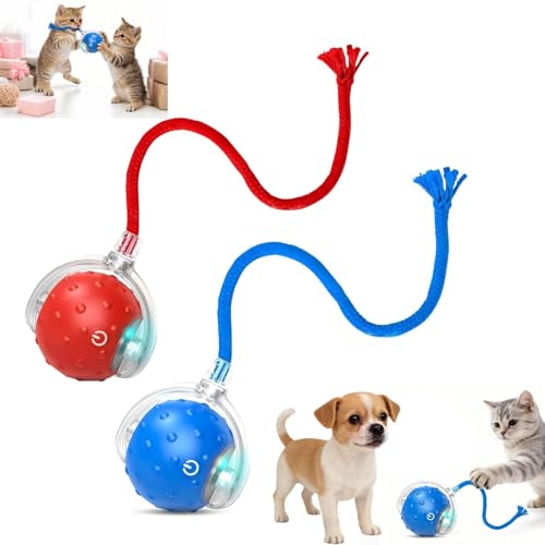 2PCS Interactive Cat Toys Ball, Tiny Fetch Interactive Dog Cat Toy Ball - 360° Automatic Scrolling with Birdsong, Smart Obstacle Avoidance, Rechargeable Boredom Buster for Pets (Blue+Red)
