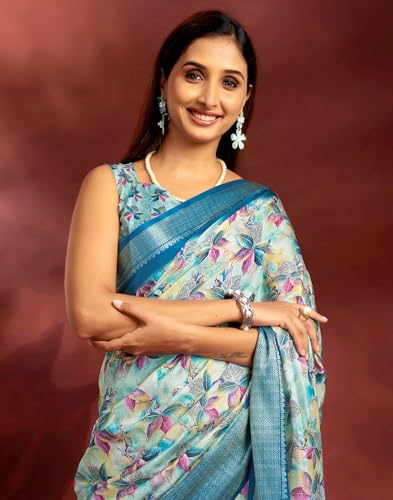 Image of SIRIL Women's Dola Silk Printed Jacquard Border Ready To Wear Saree with Unstitched Blouse Piece