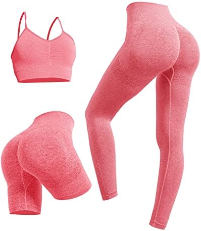 Women's 3 Piece Workout Sets Neck Pleated Strappy Sports Bra with Scrunch Butt Lift Yoga Leggings High Waisted Shorts Active Outfits(Pink-3 Piece,M)