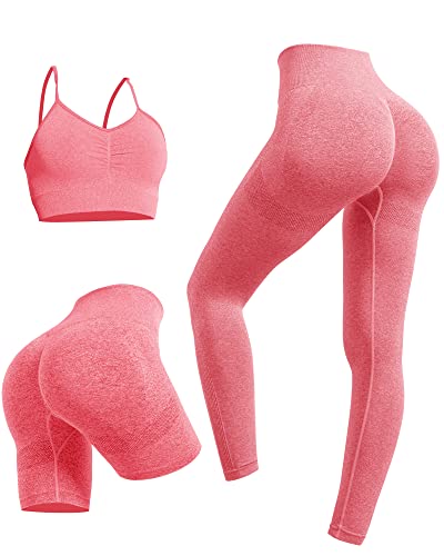 Women's 3 Piece Workout Sets Neck Pleated Strappy Sports Bra With Scrunch Butt Lift Yoga Leggings High Waisted Shorts Active Outfits(Pink-3 Piece,M) #TOP21