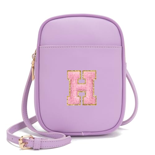 Toddler Purse Initial Crossbody Bags for Girls 3 Pockets PU Leather Cross Body Bag Crossbody Purse Handbag Personalized Preppy Teen Girl Gifts Trendy Stuff (Lavender H)
