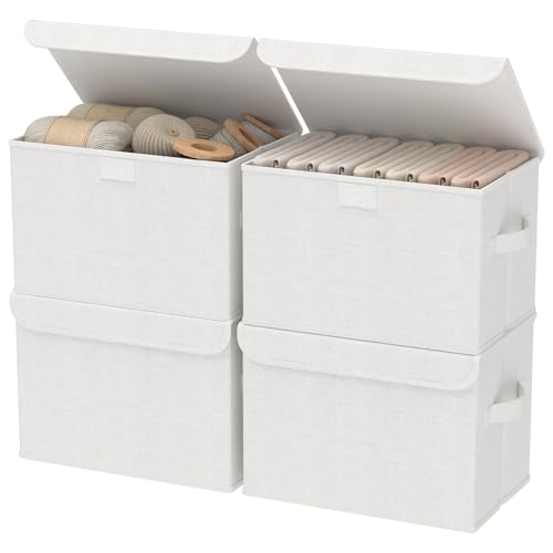 GUOHNHE Cajas de Almacenaje con Tapa, Cestas Organizadoras de Tela Plegables, Cubos de Almacenamiento con 2 Asa, para Dormitorio, Sala de Estar, 33 x 23 x 20 cm, Paquete de 4, Blanco, XSNY12WM-4