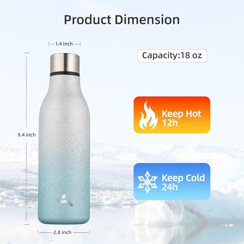 Image of Konokyo Insulated Water Bottle with Strap,18 oz Double Wall Stainless Steel Vacuum Bottles Metal Water Flask,Sparkling Silver Blue