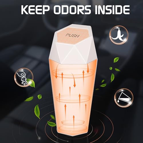Image of Car Trash Can with Lid, Mini Car Trash Cup with 30 Additional Trash Bags, Car Accessories for Interior, Leakproof Vehicle Garbage Bin for Car, Home, Office - 2 Packs, Beige