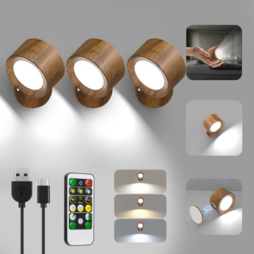 Image of Racokky LED Wall Lights 3 Pcs with Remote, Wall Sconces Lighting 3000mAh Rechargeable Battery Operated, 3 Color Temperatures & Dimmable Magnetic 360 Rotation Cordless Lamp for Bedroom Hallway