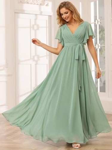 SEIM Women's Flutter Sleeve Bridesmaid Dresses Long V Neck Chiffon Formal Dresses with Pockets SE1013