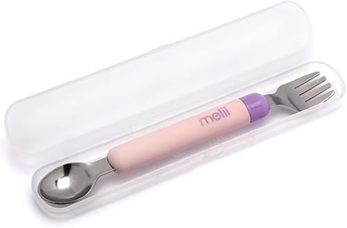 melii Spork On The Go - Utensilios de viaje para bebés y niños pequeños - Tenedor y cuchara desmontable con estuche de transporte - Rosa y morado