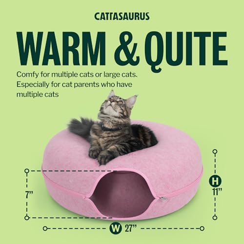Image of Cattasaurus Peekaboo Cat Cave Donut for Multiple & Large Cats up to 30-45 lbs, 3-in-1 Self Warming Cat Bed, Tunnel & Scratcher for Indoor Cats, Washable & Detachable Small Dog Bed (Pink, Jumbo)