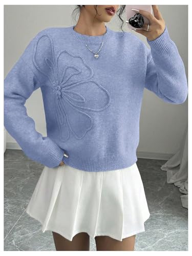 Image of RoseSeek Women's 3D Floral Appliques Crewneck Sweaters Long Sleeve Drop Shoulder Pullovers Elegant Knit Tops