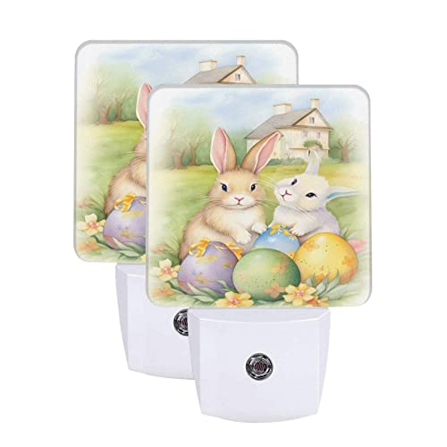 Image of Vintage Easter Bunnies Eggs Soft Night Light Set of 2, Rabbits Auto Sensor LED Dusk-to-Dawn Nightlights, Plug-in Sensor Lamp for Bedroom Bathroom Kitchen Hallway Stairs Decorative