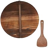 13-Inch Natural Wood Pot Lid and Wooden Spatula, Spill-Proof Handmade Wood Pot Lid, Kitchen Tool Accessories, Wooden Pot Lid for Cast Iron Pot