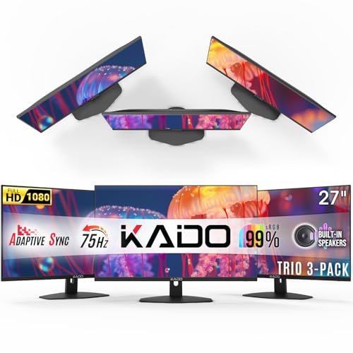 Image of Kado Triple Monitor 3-Pack 27 inch 1920x1080 75Hz FHD Computer Monitor | HDMI Office Gaming Hybrid Desk Setup, VESA Wall Mount Arm Mount Built-in Speakers, Panoramic Display Multi-tasking