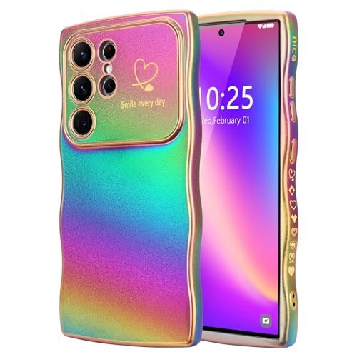 LCHULLE for Samsung Galaxy S23 Ultra Case for Women Girls, Cute Wave Frame Curly Shape with Love Heart Camera Protection Luxury Plating Shockproof Case for Galaxy S23 Ultra 5G, Colorful Dark Purple