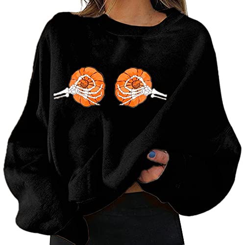 Aunaeyw Sudadera holgada de Halloween para mujer, con estampado de calabaza, manga larga, cuello redondo, suéter naranja, disfraz de Halloween (negro, J, M)
