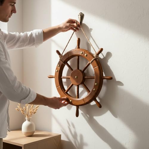 Roue de bateau décorative en bois marron style rétro méditerranéen - 6