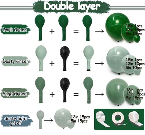 Image of Green Balloon Arch Kit, Double Stuffed Dark Emerald Green Balloon Arch Forest Sage Olive Balloons for Baby Shower Birthday Bridal Wedding Graduation Safari Woodland Wild One Party Decor