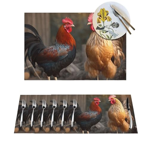 Lot de 4 sets de table en PVC tissé coq et poule lavables