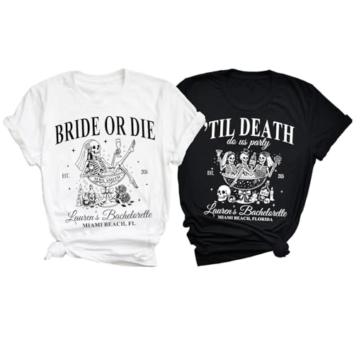 TRAVATAZ Bride or Die Till Death Do Us Party Halloween Bachelorette Shirts, Skeleton Gothic Spooky Bridal T-Shirt, Team Bride T-Shirts
