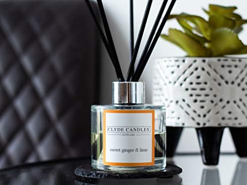 Clyde Candles Sweet Ginger & Lime Reed Diffuser, Luxury Diffuser Oil with a Set of 7 Fibre Sticks, Best Aroma Scent for Home, Kitchen, Living Room, Bathroom. Fragrance Diffusers set with sticks
