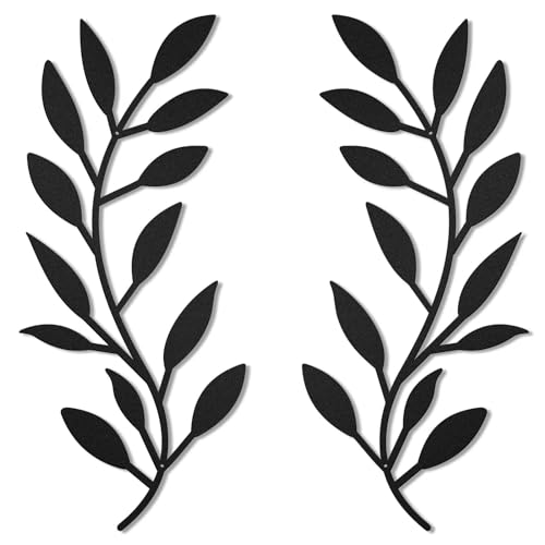 HZBAKLO Metal Tree Leaf Wall Decor, 2 Pcs Vine Olive Branch Leaf Wall Art Ornament, Wall Hanging Sculpture Art for Indoor Outdoor Bedroom Living Room (Black)