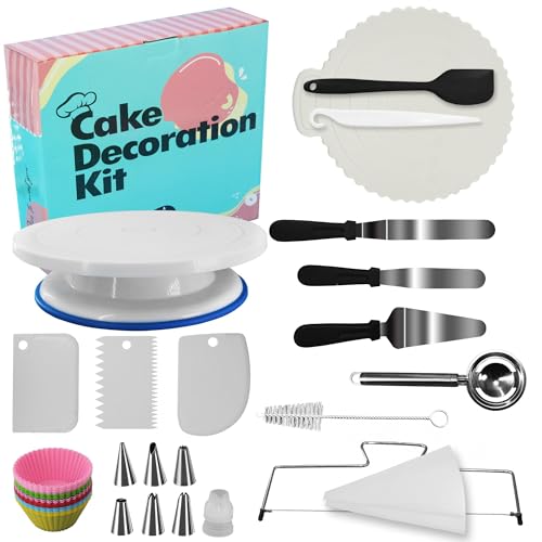 Chumix Plato Giratorio Para Tartas, Base Giratoria Tartas de 28 cm, Boquillas Manga Pastelera, Raspador y Espátula - Kit Reposteria y Pasteleria, Accesorios Reposteria(36 piezas)