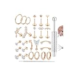 Adramata 27 Piezas Piercing Oreja Acero Quirurgico Piercing Nariz Tragus Helix Labret para Múltiples Piercings Hipoalergénico Pendientes Mujer Plata/Oro/Oro rosa