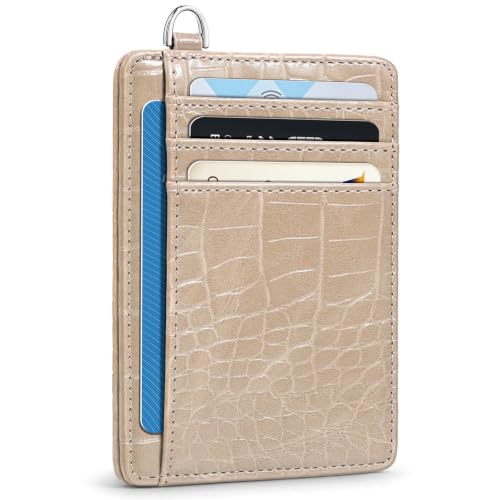 Image of Coco Rossi Crocodile Wallet Women Slim Credit Card Holder with Keychain | Luxury Wallets, Alligator Print, RFID Blocking, ID Case, Small Minimalist, Womens Girls Gift, Sand Beige Croc