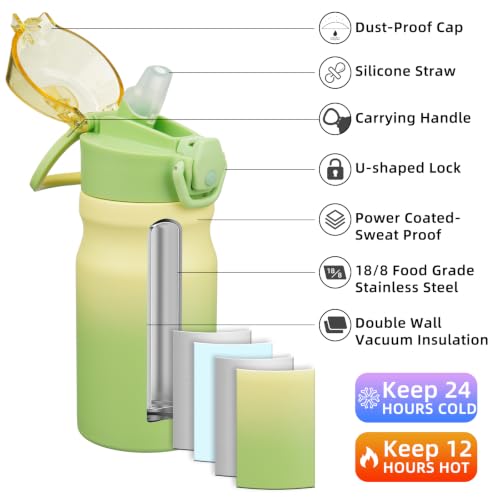 Image of BJPKPK 14 oz Insulated Water Bottle, Straw, Handle, Stainless Steel Flask | Leak Proof Locking Lid, Double Wall Vacuum, Keeps Hot /Cold, BPA Free, Dishwasher Safe, Travel & Sports, Lime