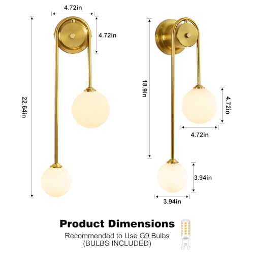 Image of Globe Wall Sconce, Double Hanging Ball Sconce, Modern Indoor Sconces | Gold Double Globe wall Sconce with Milk Glass Shades, Hardwired Indoor ball Sconce for Bedroom Bathroom Living Room Hallway